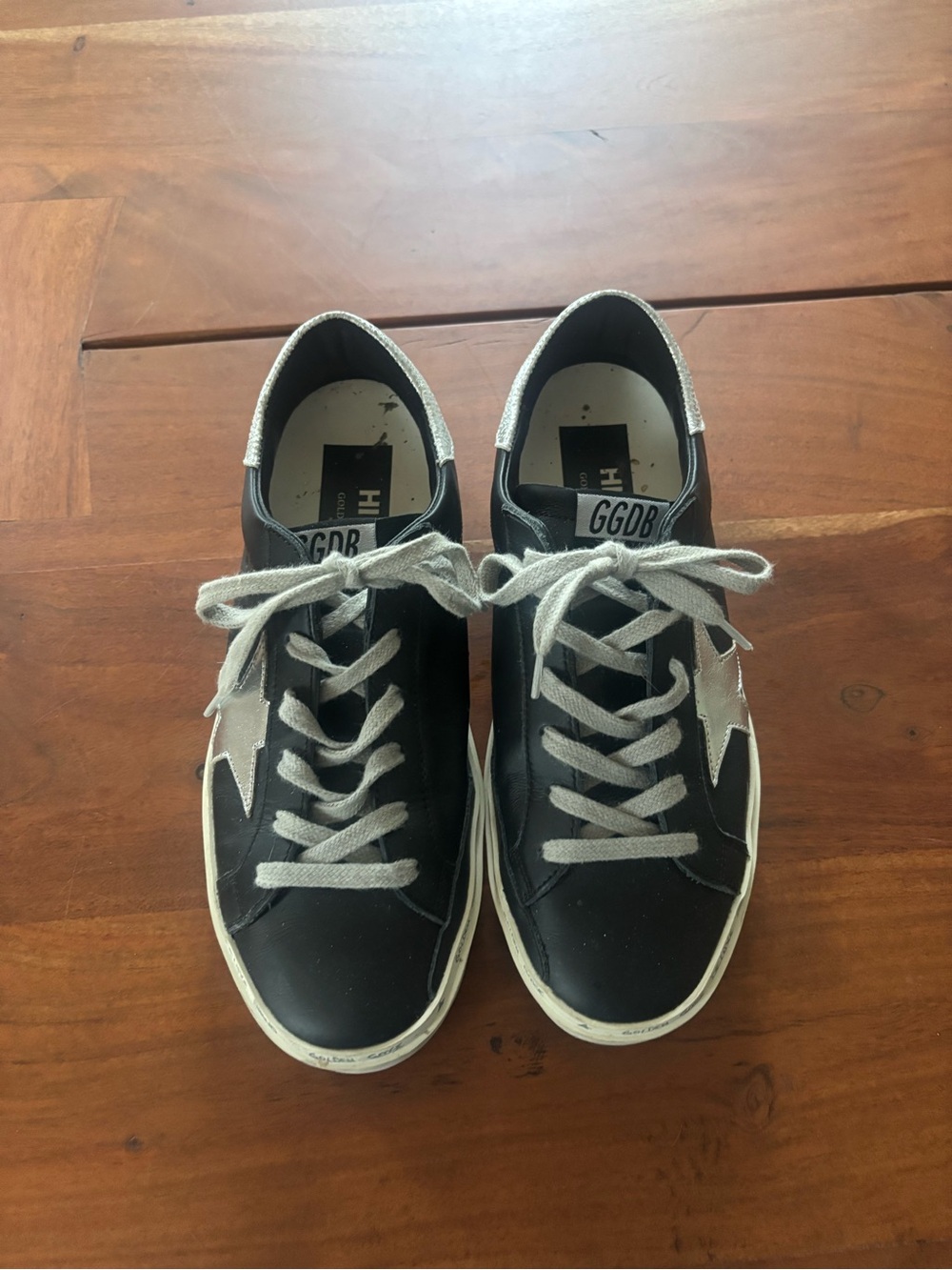 Golden Goose Black Leather Lace-Up Sneakers with Silver Star